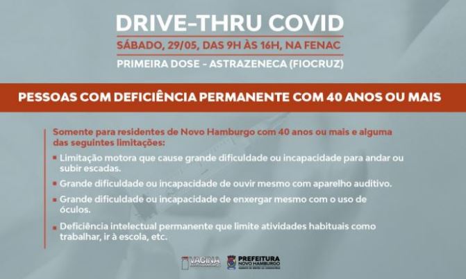 Vacinação contra a covid para pessoas com 40 anos ou mais com deficiência permanente drive 2