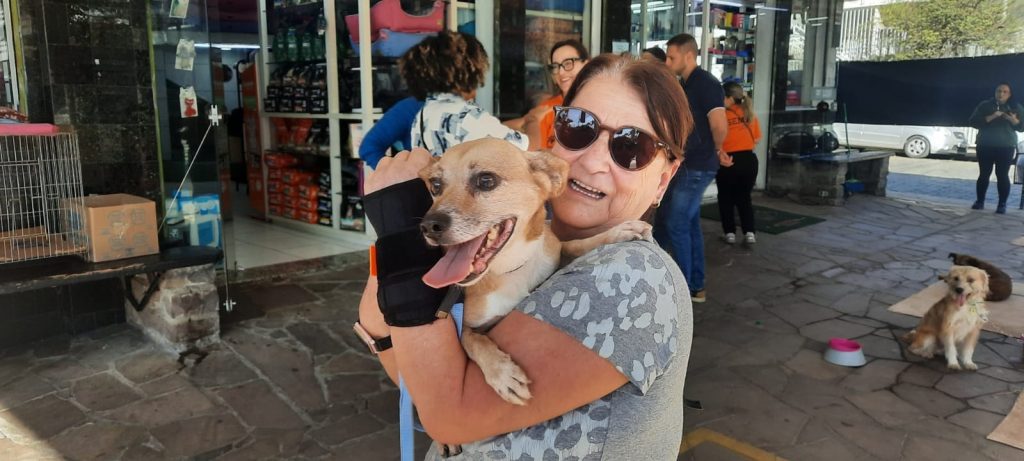 Espaço de adoção serve de conexão para novas famílias de pets resgatados da enchente Ana Margarete Brandão adota cão abrigo São Leopoldo Foto PMSL Divulgação