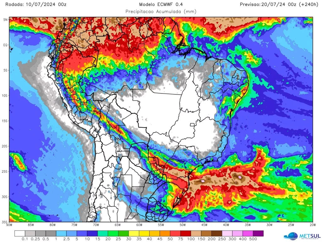 RS deve ter chuva pelos próximos dez dias, diz MetSul; veja previsão do tempo 1 mapa meteorologico da Metsul