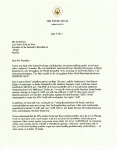 carta do presidente Donald Trump que cita arbitrariedades no judiciario brasileiro e o ex presidente Bolsonaro