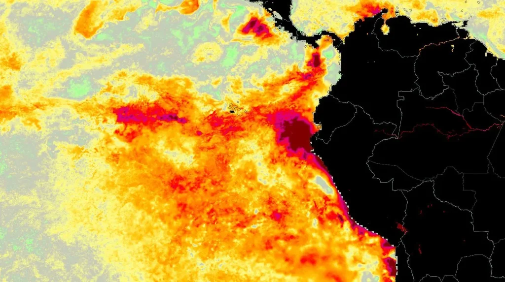 El Niño Costeiro começa a influenciar o clima na costa da América do Sul Imagem mostra o avanço do El Niño Costeiro com áreas do oceano apresentando temperaturas acima da média junto ao litoral do Peru e do Equador. Foto: Reprodução/MetSul