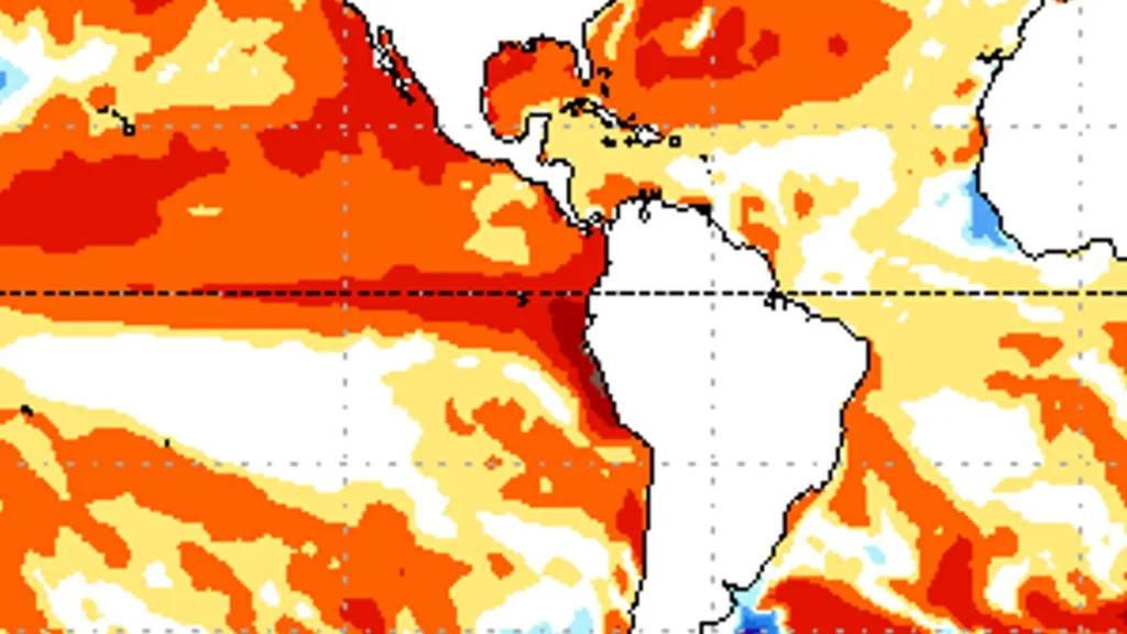Mapa indica aquecimento no oceano e reforça o alerta para possível atuação do El Niño nos próximos meses. Foto: Reprodução MetSul / NOAA