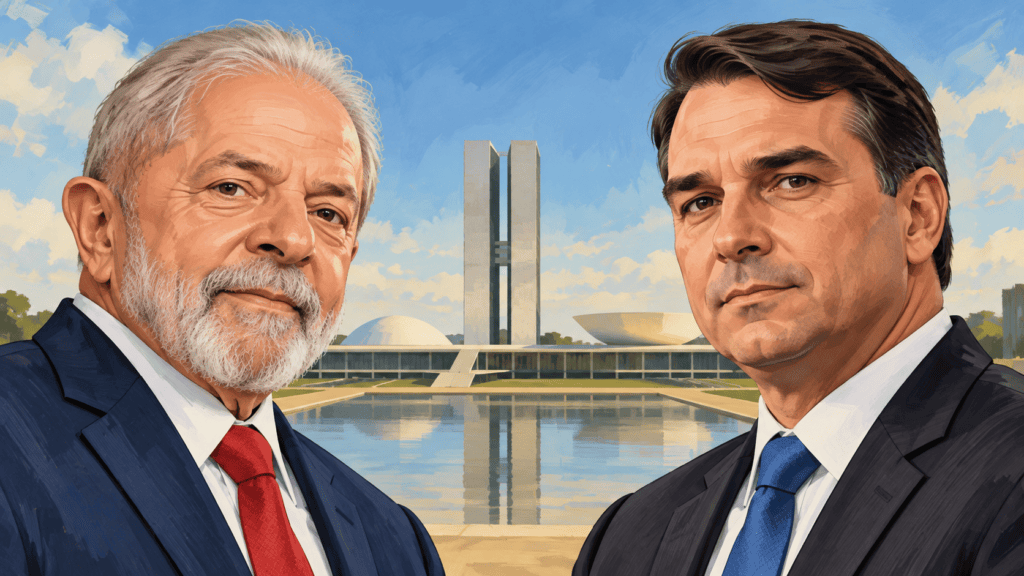 Eleições 2026: o que acontece se Lula e Flávio Bolsonaro empatarem no segundo turno? Ilustração de Lula e Flávio Bolsonaro diante do Congresso Nacional, em matéria sobre empate no segundo turno