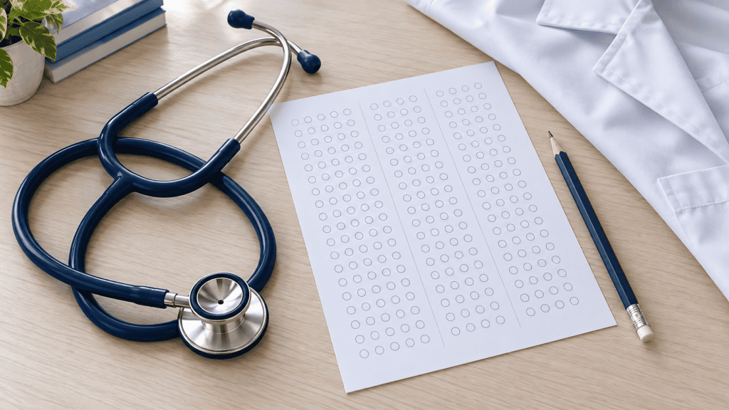 “OAB da Medicina”: Congresso aprova exigência de exame para registro profissional Estetoscópio, folha de respostas e caneta em ilustração sobre o Enamed.
