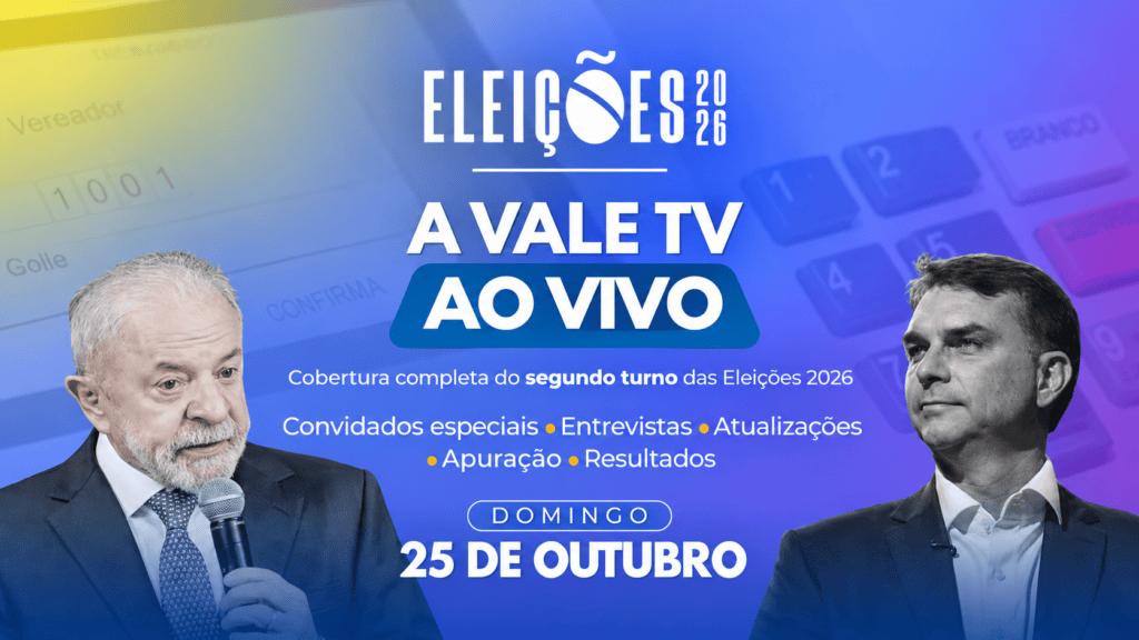 Vale TV transmite segundo turno das Eleições 2026 ao vivo neste domingo, a partir das 15h Arte da Vale TV que anuncia a transmissão ao vivo do segundo turno das Eleições 2026