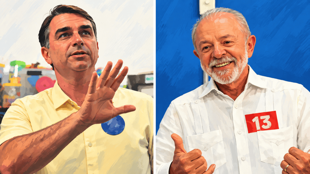 Lula e Flávio Bolsonaro votam e trocam críticas no segundo turno Imagem recriada por inteligência artificial de Lula e Flávio Bolsonaro em seus locais de votação