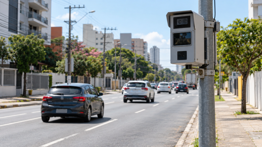 Novo Hamburgo recebe radares para teste em licitação do CP Sinos Imagem ilustrativa de radar de velocidade ao lado de uma via com veículos