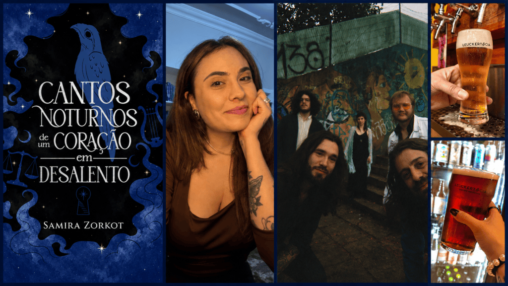 Montagem do Noites de Primavera com livro, escritora Samira Zorkot, banda Pedra Lunar e cervejas