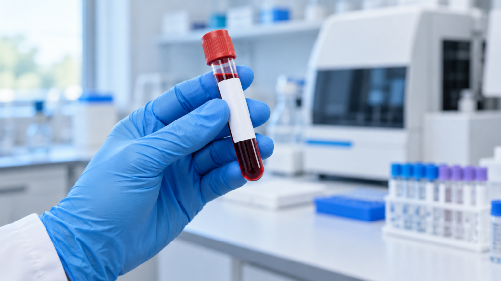Exame de sangue que busca sinais de mais de 50 tipos de câncer chega a Porto Alegre Mão com luva azul segura tubo de sangue em laboratório, em ilustração sobre o Galleri.