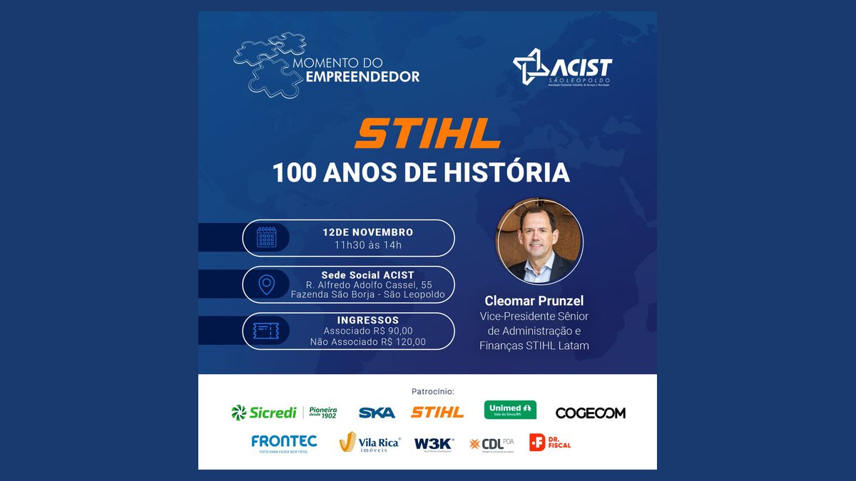 Centenário da STIHL é tema de encontro empresarial em São Leopoldo 1 Arte do Momento do Empreendedor sobre os 100 anos da STIHL, com Cleomar Prunzel