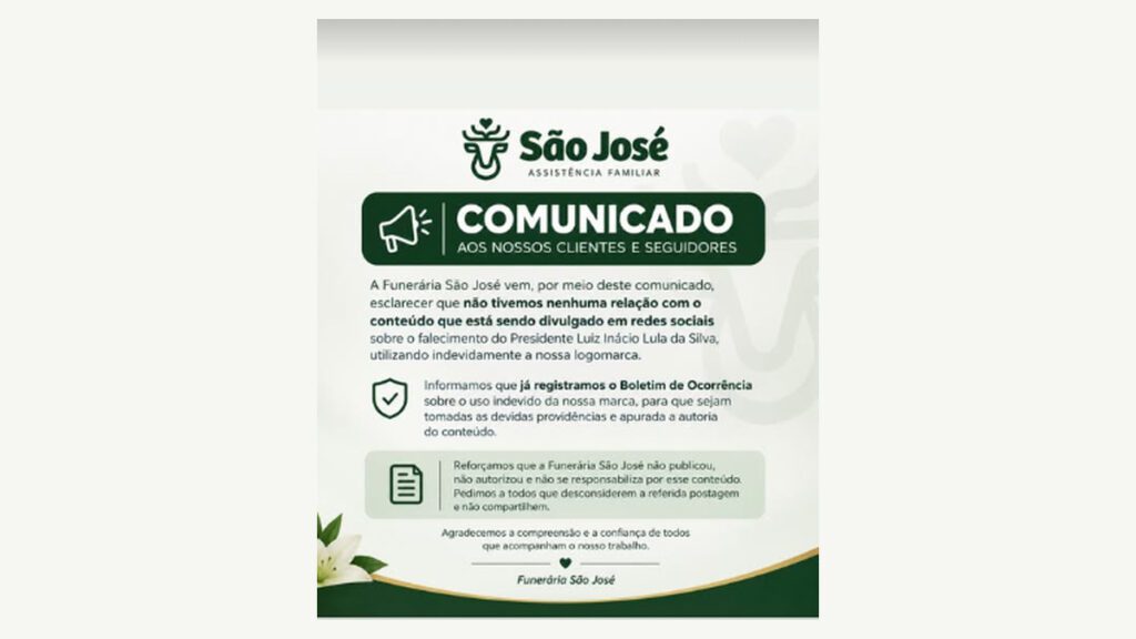 Comunicado da funerária de Ivoti São José Assistência Familiar sobre notícia falsa e uso indevido da marca