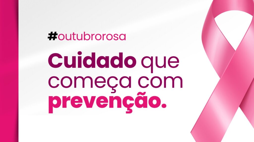 Arte do Outubro Rosa com laço rosa e a frase “Cuidado que começa com prevenção”